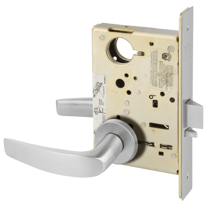 Sargent LC-8200 Mortise Lock with LN Rose Design, B Lever, 26D Satin Chromium finish, field-reversible, less cylinder — front view showing mortise case and lever