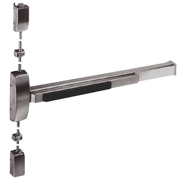 Sargent 1256NB-8710G 84-inch Fire Rated Surface Mount Vertical Rod Exit Device with Electric Latch Retraction, 32D Satin Stainless Steel finish, shown fully assembled with top and bottom rods