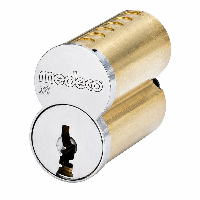 Medeco 33600006-K-26-7J-S Interchangeable Core Cylinder, Small Format, Medeco KM, 7J Keyway, 6-Pin, Sub Assembly, Satin Chrome, With Clip Retainer, Removable Front Plate
