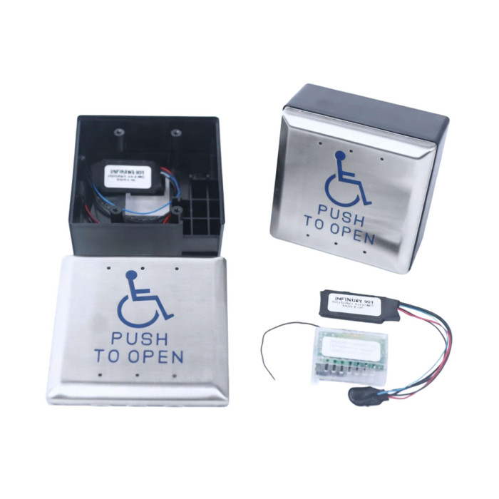 SDC 482S-KIT Square 4-1/2" Push Plate Switches (2), Wheelchair and "Push to Open with Blue Infill, Surface Mount Boxes