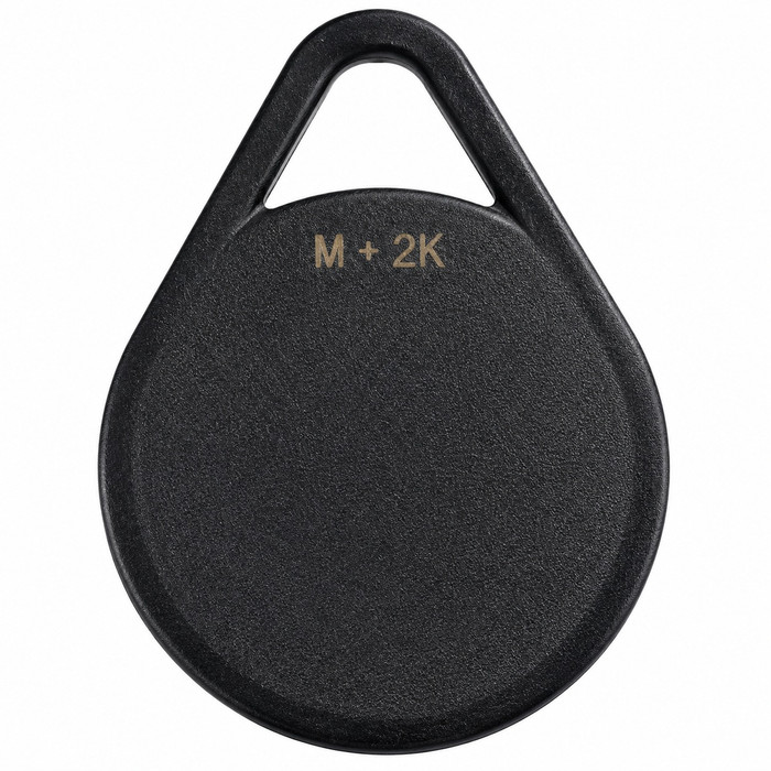 Dormakaba 12640-P27-BK RFID Mifare 2K key fob, flat black, teardrop form factor with keyring loop