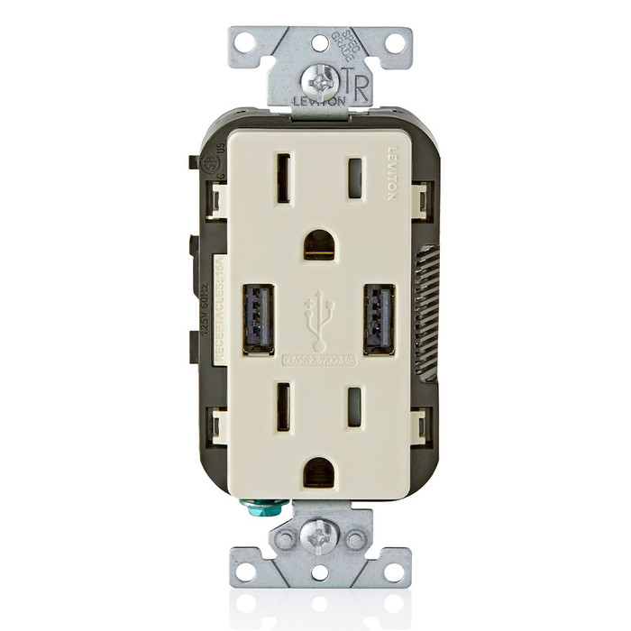 Leviton Residential Grade Tamper-Resistant Decora Duplex Receptacle with USB Charger, 15-Amp 125-Volt NEMA 5-15R