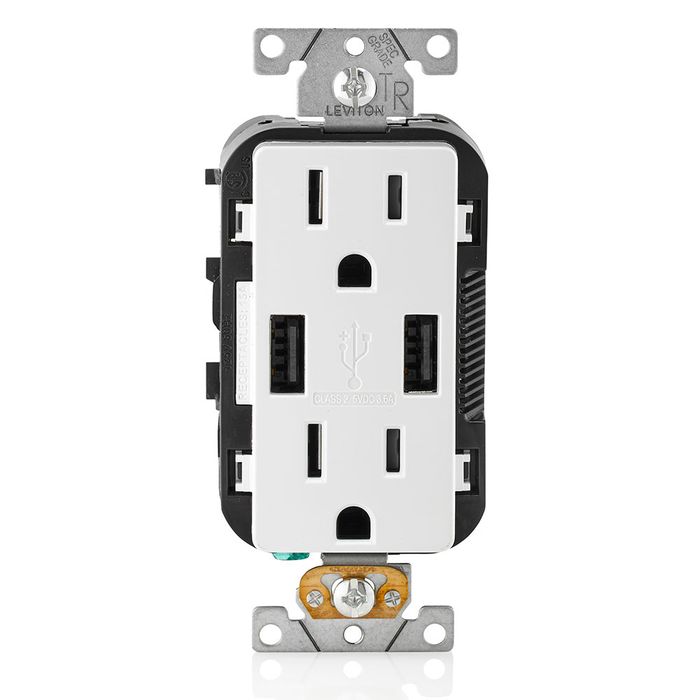 Leviton T5632-SW 3.6A USB Type-A/Type-A Wall Outlet Charger with 15A Tamper-Resistant Receptacles