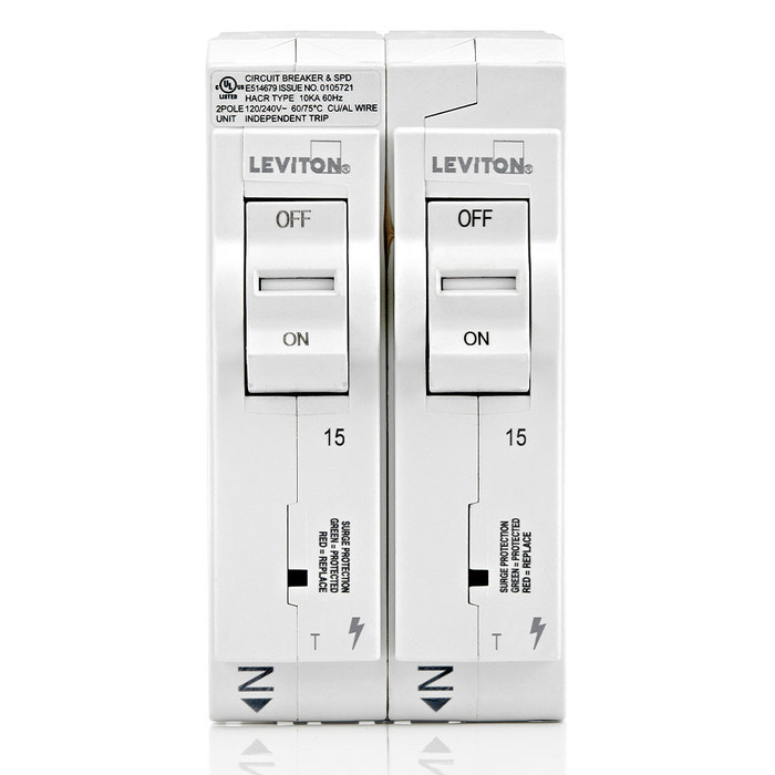 Leviton Plug-On Mount Surge Protective Device & Circuit Breaker, 2-Pole, 15A
