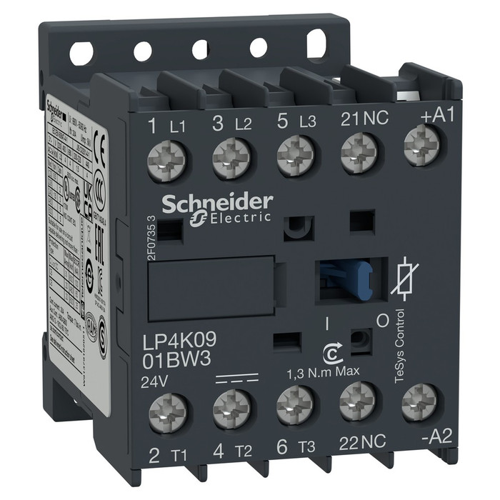 Square D TeSys K 3-Pole Contactor, 9A AC-3, 24VDC Coil, 1 NC Auxiliary Contact