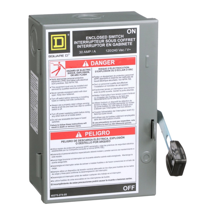 Square D Light Duty Fusible Safety Switch, 2-Pole, 240VAC, 30A, Type 1
