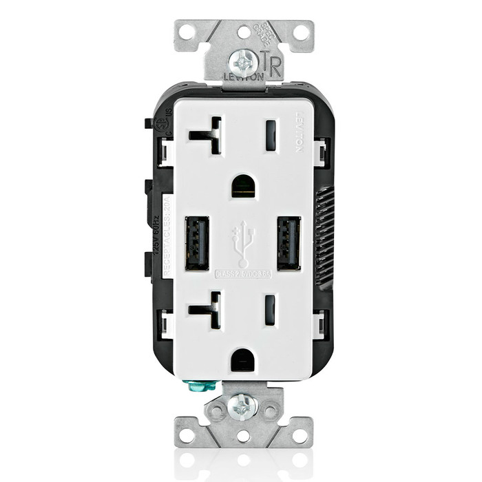 Leviton T5832-W Decora Tamper-Resistant Duplex Receptacle with USB Charger, 20A/125V White