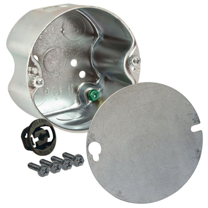 RACO 299 4 in. Round Ceiling Rated Steel Box, 2-1/8 in. Deep, Five 1/2 in. KO's