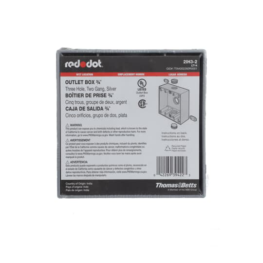 Thomas & Betts Red-Dot 2IH3-2 2-Gang RT Box, Three 3/4" Hubs, Pack of 100