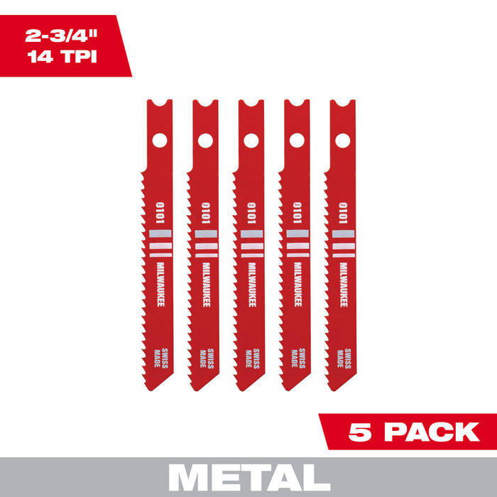 Milwaukee 48-42-0101 2-3/4" 14 TPI U-Shank High Speed Steel Metal-Cutting Jig Saw Blades, 5-Pack