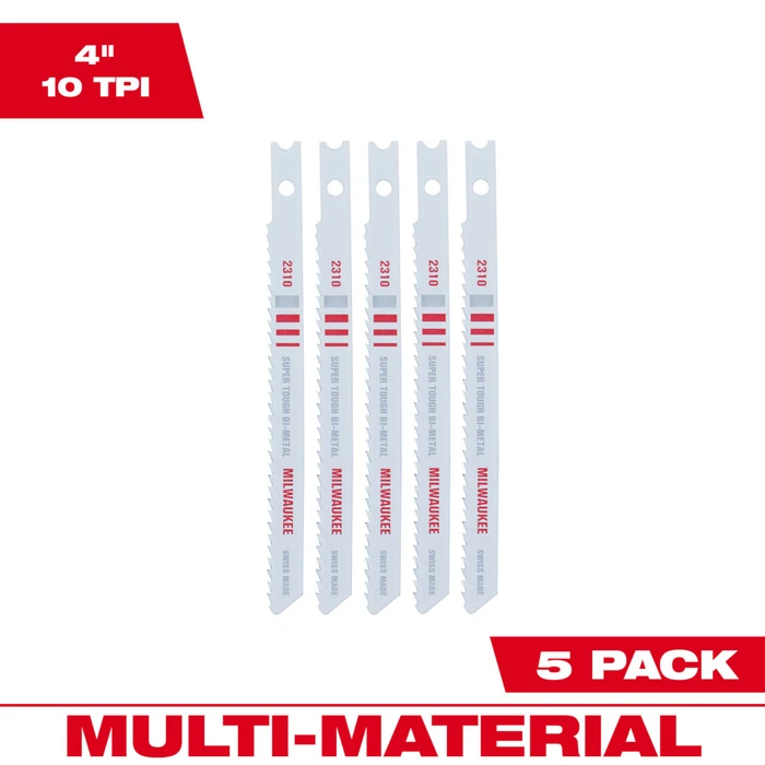 Milwaukee 48-42-2310 4" Bi-Metal U-Shank Jig Saw Blades, 10TPI Multi-Material Cut, 5-Pack