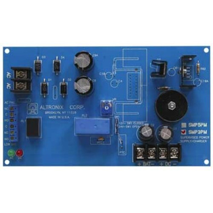 Altronix SMP3PM Switching Supervised Power Supply Board, 12VDC Application use TP1640, T2428100, 24VDC Application use T2428100, 12/24VDC at 2.5A Output