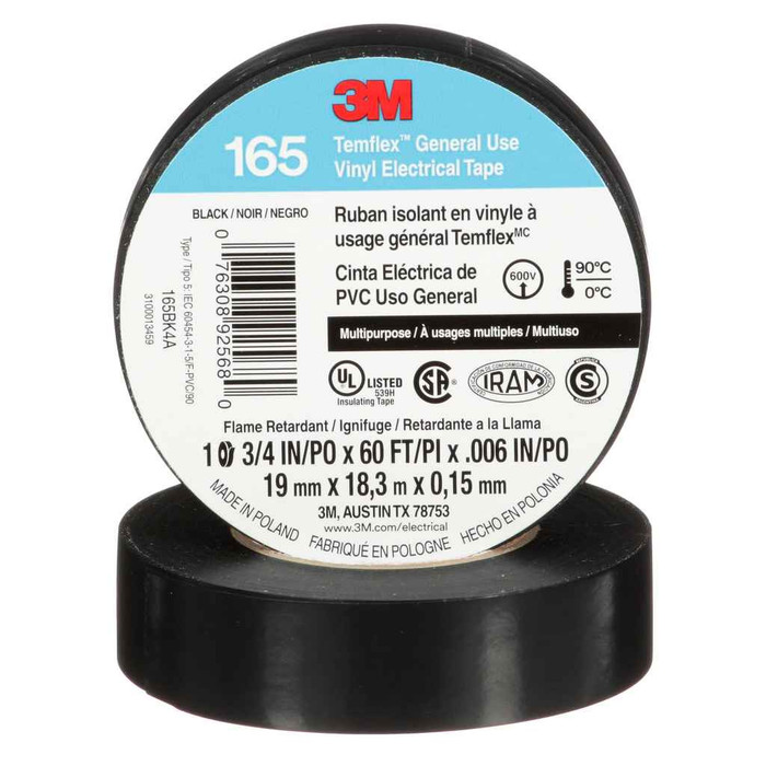 3M Temflex Vinyl Electrical Tape 165, 3/4 in x 60 ft