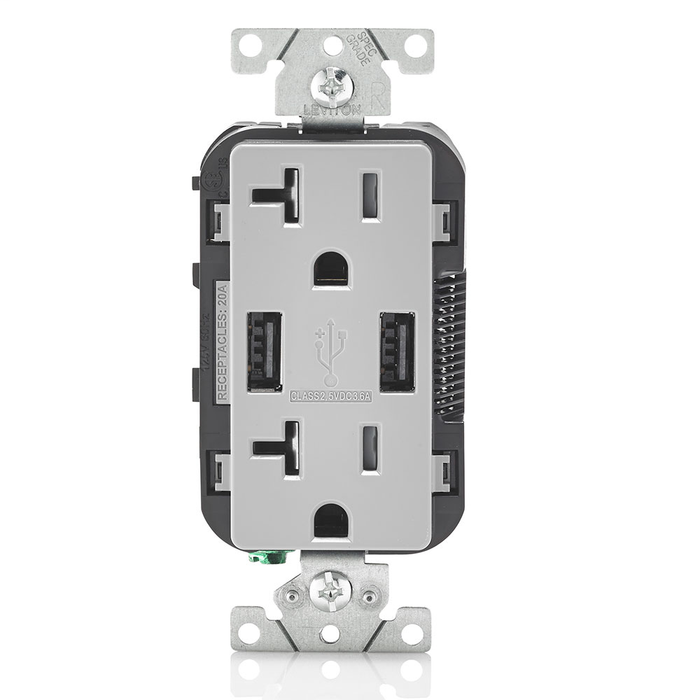 Leviton T5832-GY USB Type-A/Type-A Charger Wall Outlet, Gray