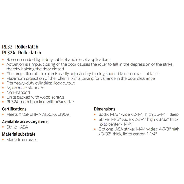 Ives RL32A Brass Roller Latch with ASA Strike and Adjustable Projection