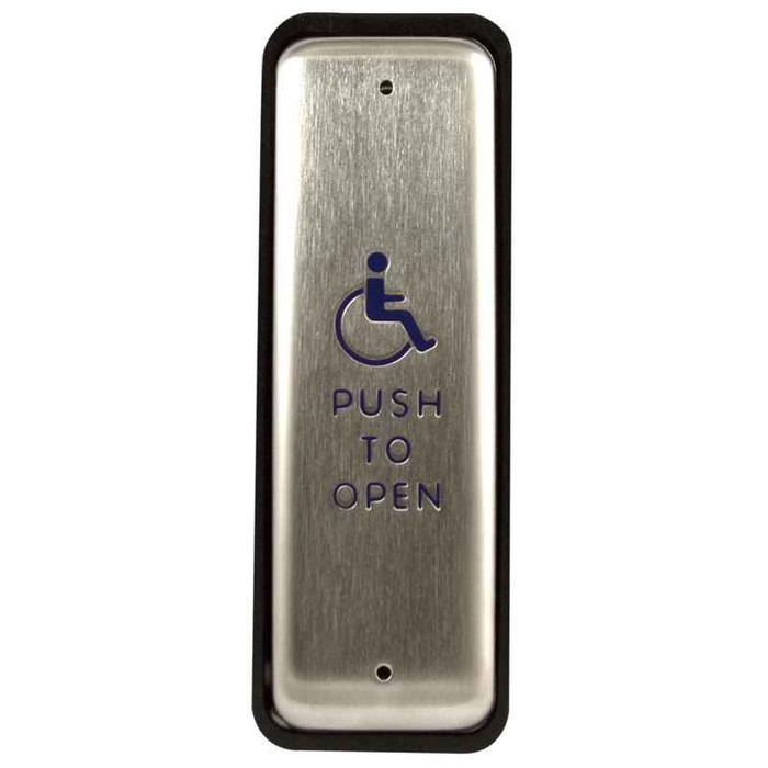 LCN LCN 8310-818T 1-1/2" x 4-3/4" Stainless Steel Rectangle Hard Wired Actuator with Blue Handicap Symbol and Push To Open Text LCN-8310-818T