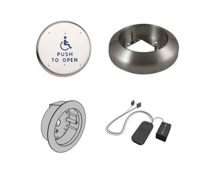LCN LCN 8310-3852TWF 6" Round Wall and Flush Mount Wireless Actuator with Handicap Symbol and Push To Open Text, Transmitter, and Weather/Trim Ring LCN-8310-3852TWF