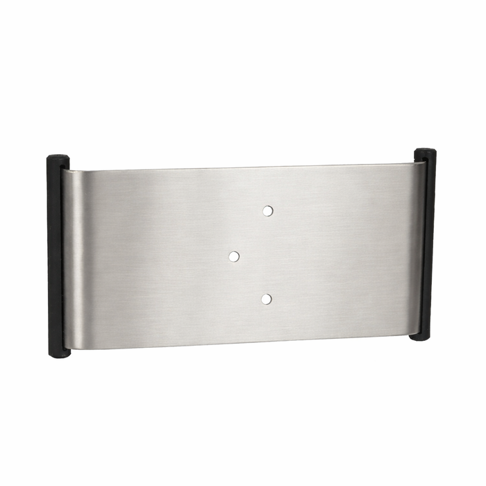 Trimco 1069 ADA Pocket Door Pull in Satin Stainless Steel (630) — front face view showing recessed flush pull with black Delrin grips