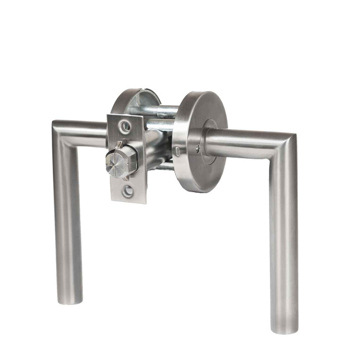 Trimco 1074-1 Barn Door Latchset – Tubular Privacy Sliding Door Lock, Satin Stainless Steel finish, front view showing lever handles and latch body