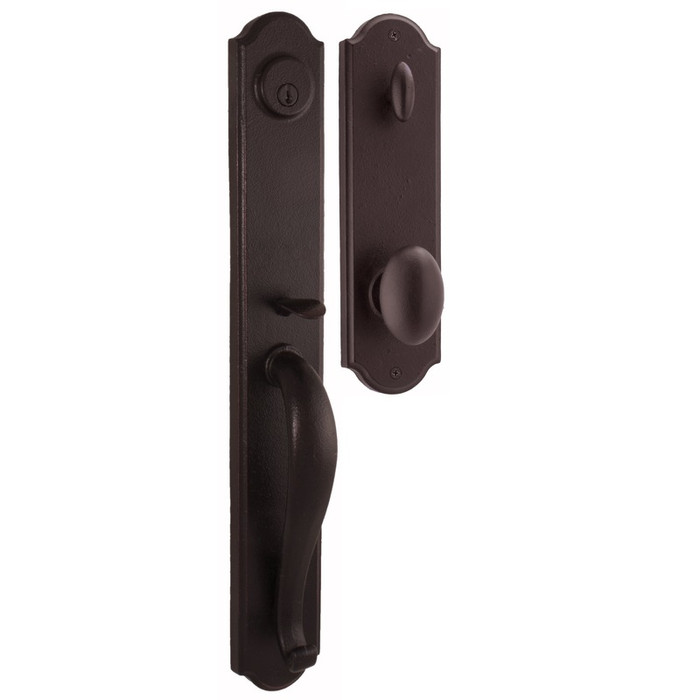 Weslock 7680 Wiltshire Keyed Entry Handle with Durham Knob in Oil Rubbed Bronze – exterior handleset and interior knob, front view