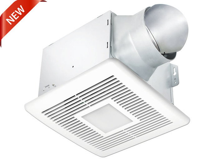 Delta Breez Smart SMT150-200LED 150/200 CFM Exhaust Fan with Adjustable High Speed Options and Adjustable Color Temperature Dimmable LED Light — angled view showing housing, blower outlet, and LED panel