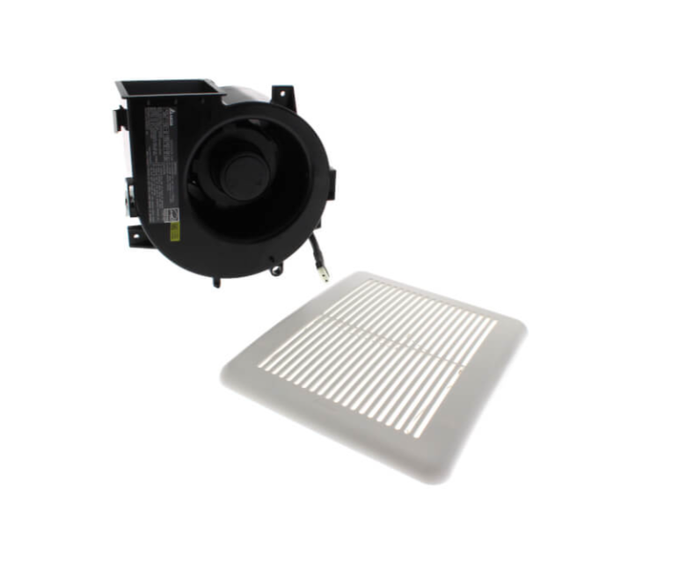 Delta Breez ITG50 replacement ventilation fan motor and blower assembly alongside white louvered grille cover, shown separately on white background