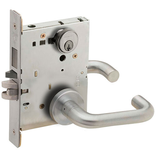 Schlage L9453 03 Lever Entrance Mortise Lock with wrought rose, satin chrome finish — mortise case and lever assembly shown together, Grade 1 single cylinder deadbolt function