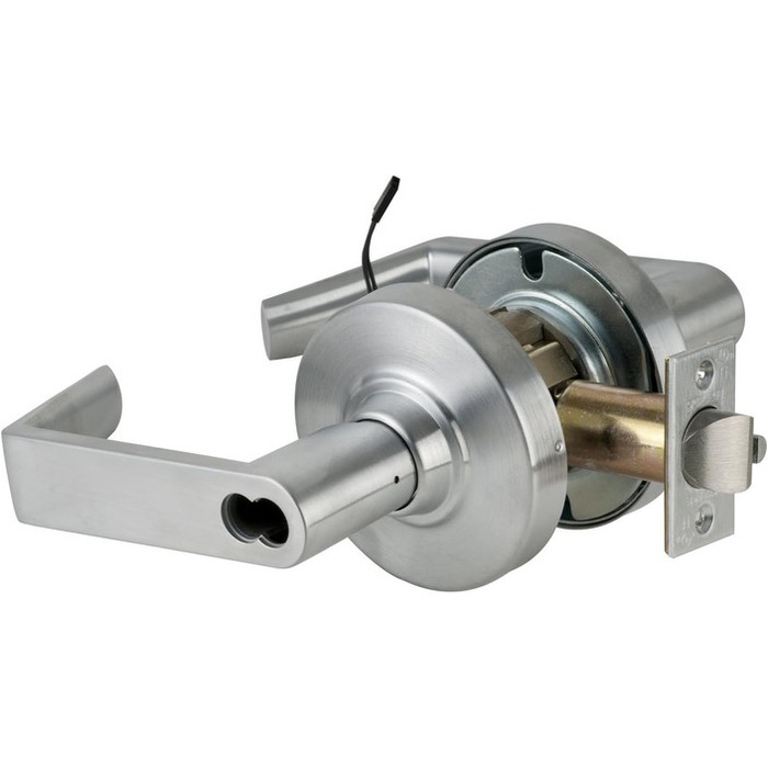 Schlage ND80EU Grade 1 Cylindrical Storeroom Lever Lock - Electrically Unlocked Fail Secure with Request to Exit - Satin Chrome finish, shown with latch bolt and electrical wiring lead