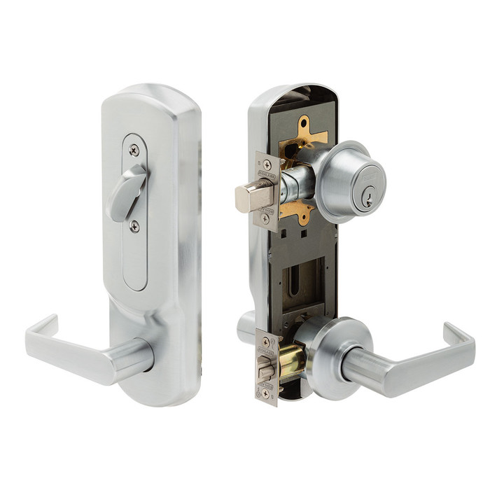 Schlage CS210-B500 Grade 2 Entrance Single Locking Interconnected Lockset - exploded view showing exterior escutcheon with lever and interior chassis with deadbolt, satin chrome finish
