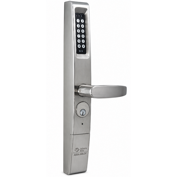 Adams Rite 3090 eForce Battery-Operated Keyless Entry Control in Satin Chrome (626) — front angled view showing keypad and lever handle