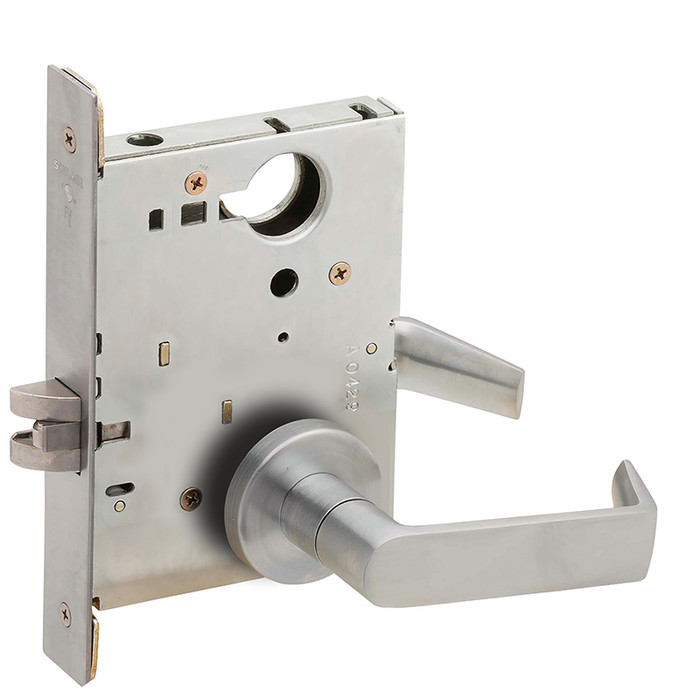 Schlage L9010 Passage Latch Mortise Set – exploded view showing mortise lock body with lever and escutcheon in satin chrome finish