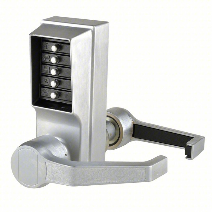 Dormakaba Simplex L1000 Pushbutton Lever Lock, No Key Override, 626 Satin Chrome finish, right-hand, exterior view showing pushbutton keypad and lever handle