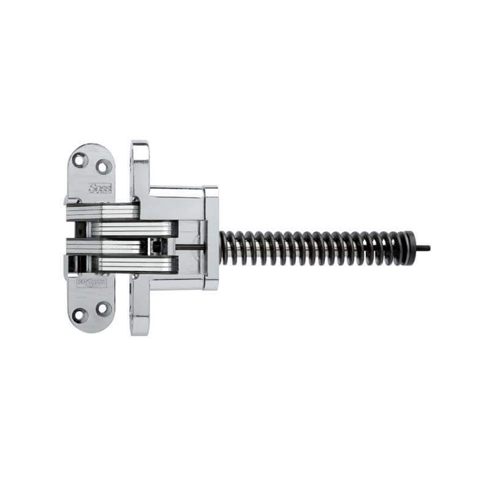 SOSS 220IC Series invisible spring closer hinge, 7 in., Bright Chrome finish (625), spring mechanism extended, front view
