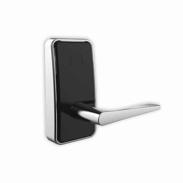 Dormakaba Saffire Electronic LX-L RFID Privacy Cylindrical Lockset with Thumbturn, Bluetooth – Satin Chrome finish, Von lever, angled view