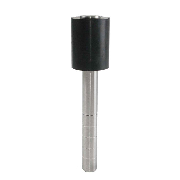 Trimco 1209HA Extra Heavy-Duty Floor Stop — 3" high rubber bumper with 1" diameter 7" long stainless steel post, side view on white background