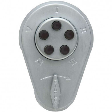 Dormakaba Kaba Simplex 900 Series auxiliary pushbutton lock with thumbturn, satin chrome (626) finish — exterior face view