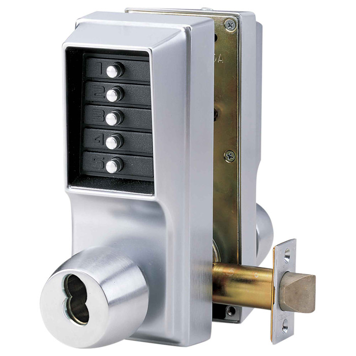 Dormakaba Simplex EE1000 Series combination entry/egress lock with key override, 625 Bright Chrome finish, showing keypad, latch, and SFIC cylinder pocket