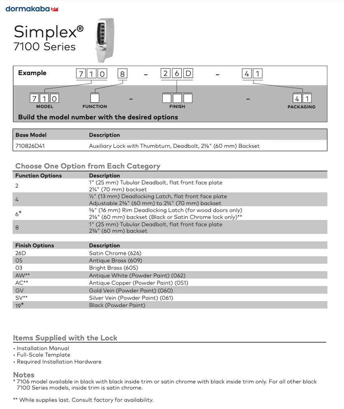 Dormakaba Simplex 7100 Series Auxiliary Pushbutton Lock with Thumbturn ...