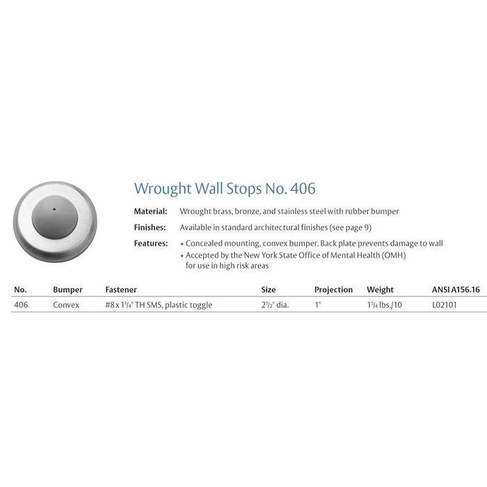 Rockwood 406 Convex Wrought Wall Stop, 1" Projection, 2-1/2" Diameter, Plastic Toggle Fastener