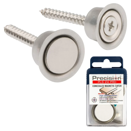 Precision Lock PLS24PRO Concealed Magnetic Catch – Silver finish, two catch components and retail packaging