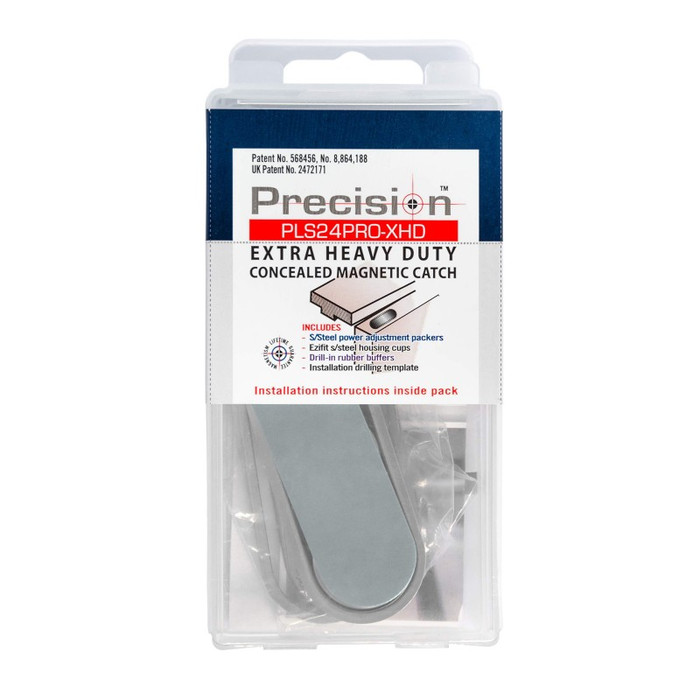 Precision Lock PLS24PRO XHD Extra Heavy Duty Concealed Magnetic Catch in Silver finish — retail packaging showing included hardware and SmartBore installation system