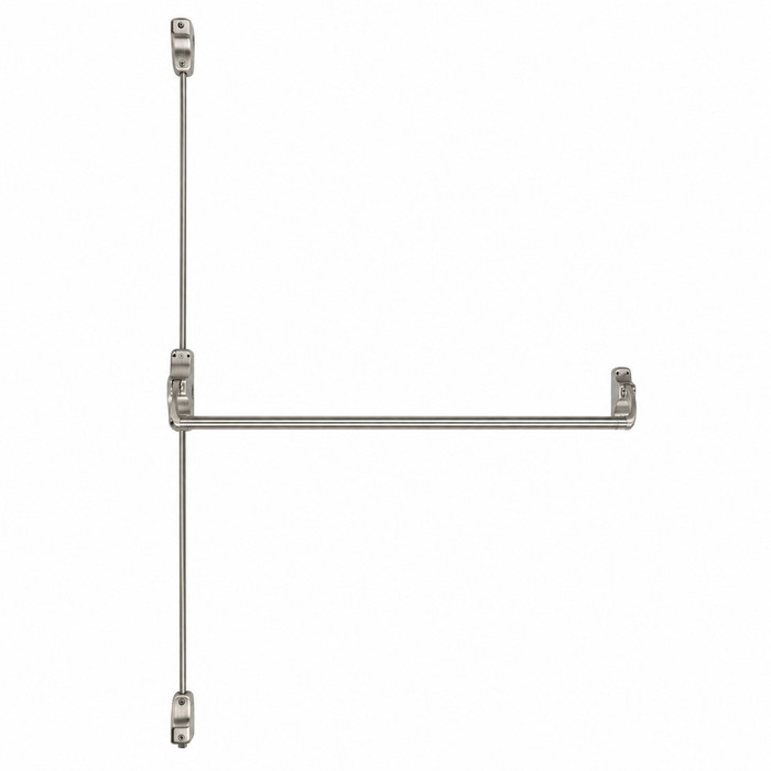 Von Duprin 8827 Series 3 ft Wide Stile Crossbar Surface Vertical Rod Exit Device in satin chrome finish, front view showing crossbar, top rod, and mounting hardware