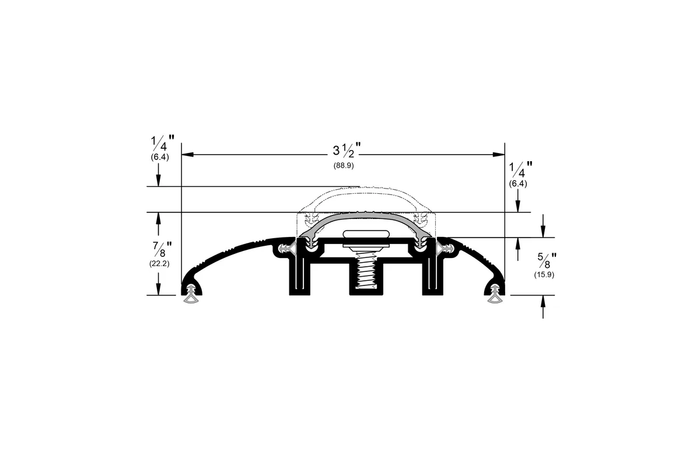 Pemko 249V threshold cross-section dimensional drawing showing 3-1/2" width, 7/8" height, and 5/8" base dimensions in inches and millimeters