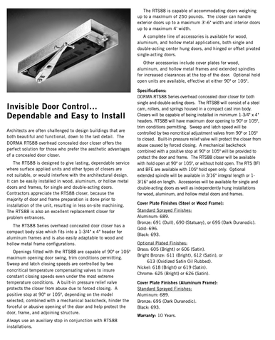 Dorma RTS88 Series RTS27 Overhead Concealed Door Closer, Hinge or 3/4
