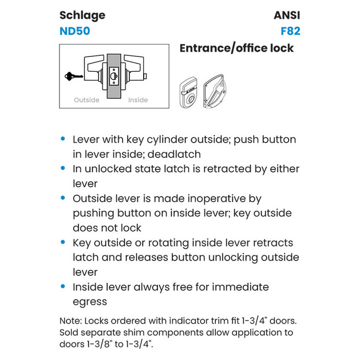 Schlage ND50 - Grade 1 Entrance Office Cylindrical Lock, Interior ...