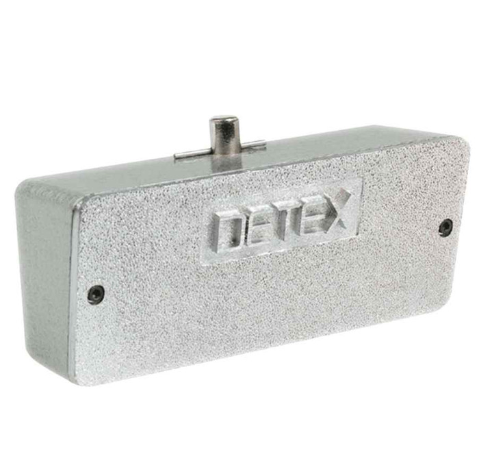 Detex DDH-2250 Double Door Holder with Exit Control Lock Integration — silver aluminum housing, front three-quarter view