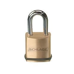 Schlage KS43 brass padlock, FSIC prep less core, 3/8" diameter shackle, 1-1/2" shackle clearance, front view