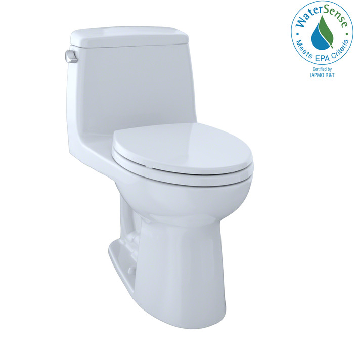 TOTO UltraMax One-Piece Elongated 1.28 GPF Toilet in Cotton White with WaterSense and IAPMO certification badges