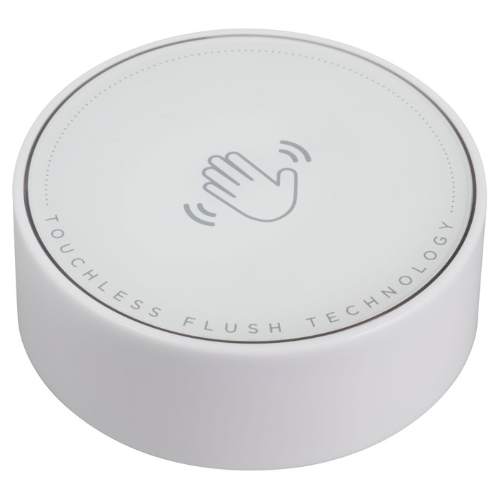American Standard 7381981-201 touchless flush sensor, round white puck with hand-wave icon and Touchless Flush Technology label, top view