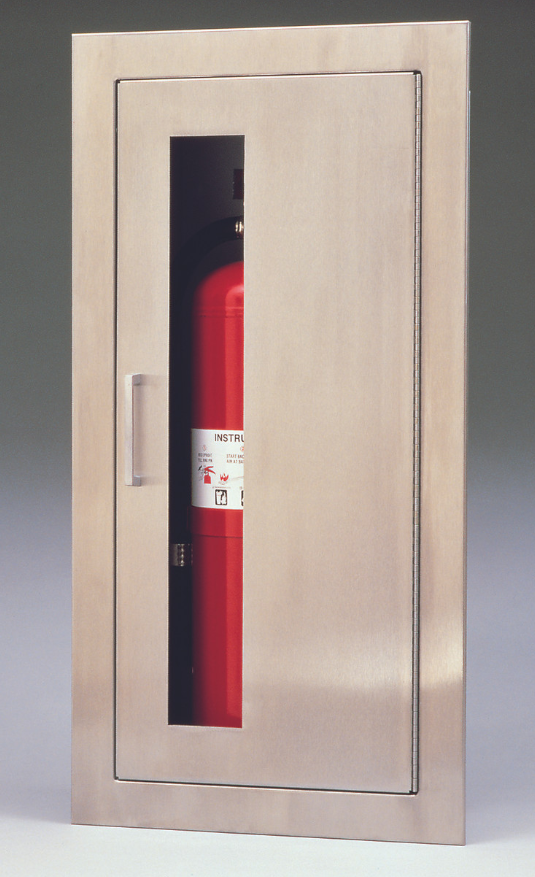 Larsens 2409 Architectural Series Fire Extinguisher Cabinet, Stainless Steel, Vertical Duo Door with Vertical Window, 5 lb Capacity, Non-Fire Rated, Cabinet Shown Open with Extinguisher